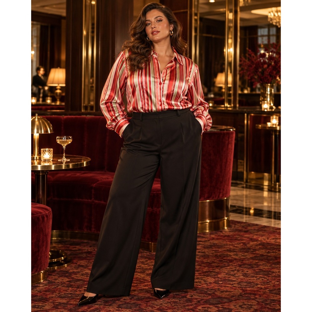 Venezia Jeans Women Striped Sequin Button Up Top 14/16 Red Satin Y2K Party Retro